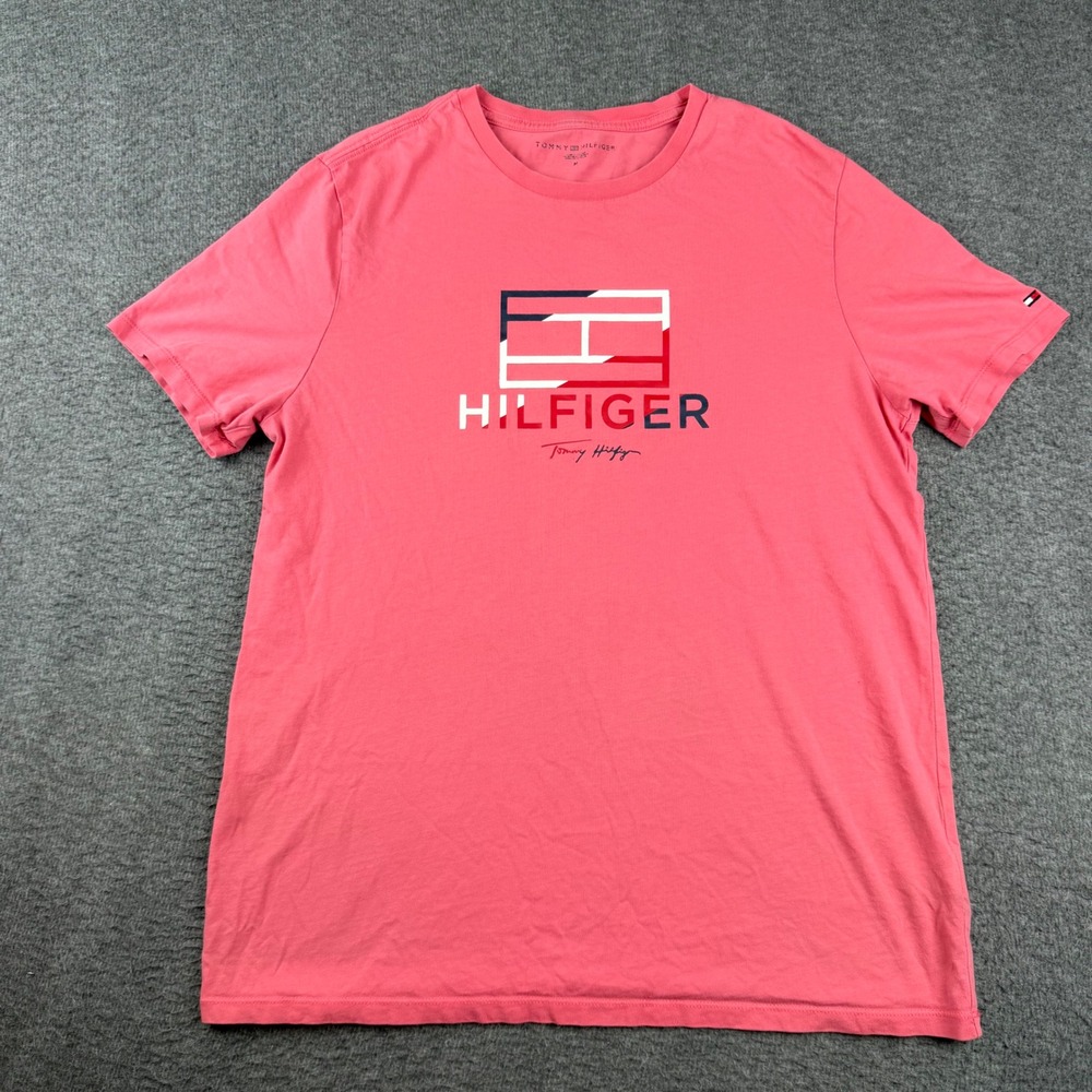 Tommy Hilfiger T-Shirt Men's M Pink Graphic Logo Short Sleeve Cotton Tee